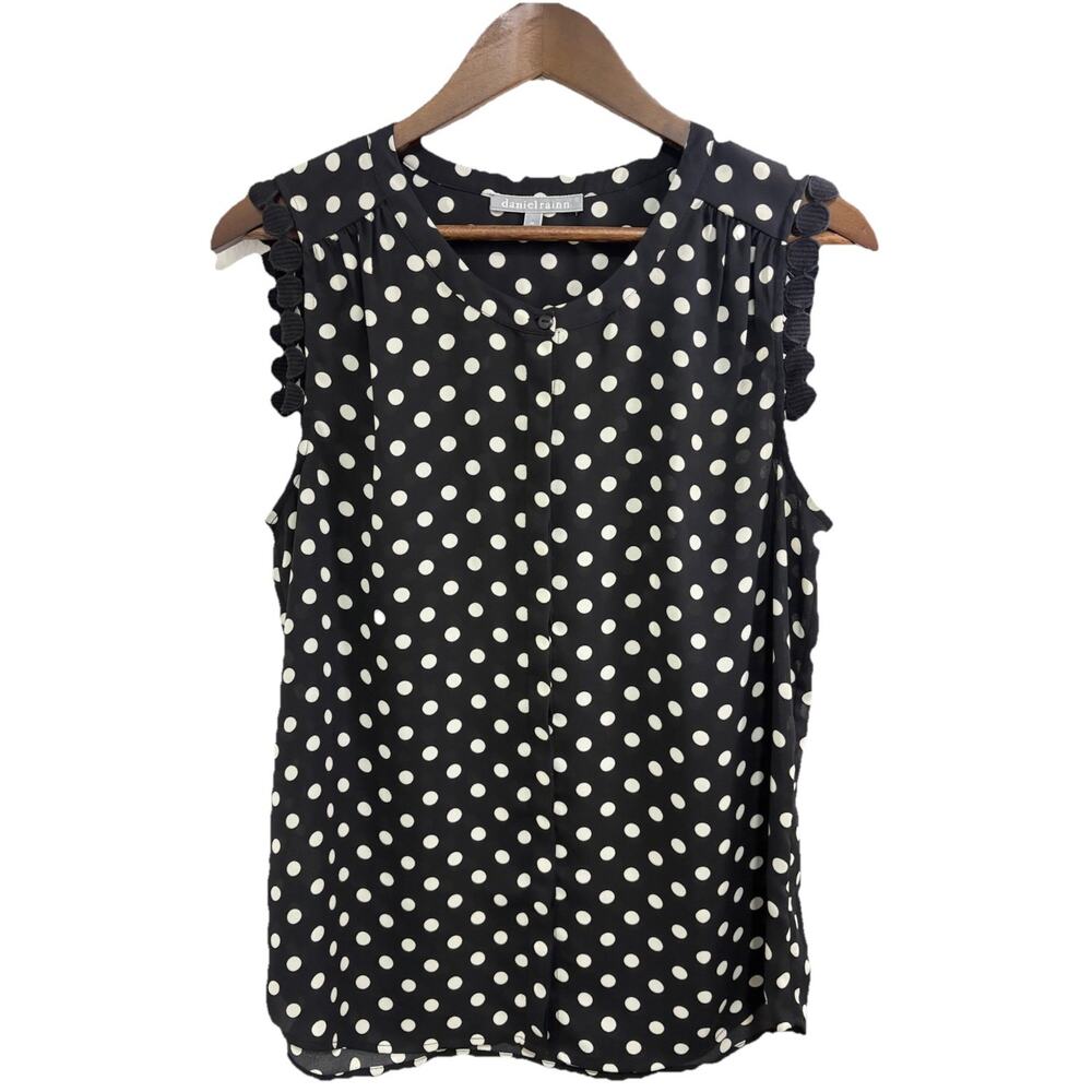Daniel Rainn Polka Dot Sleeveless Blouse Medium Black White Trim